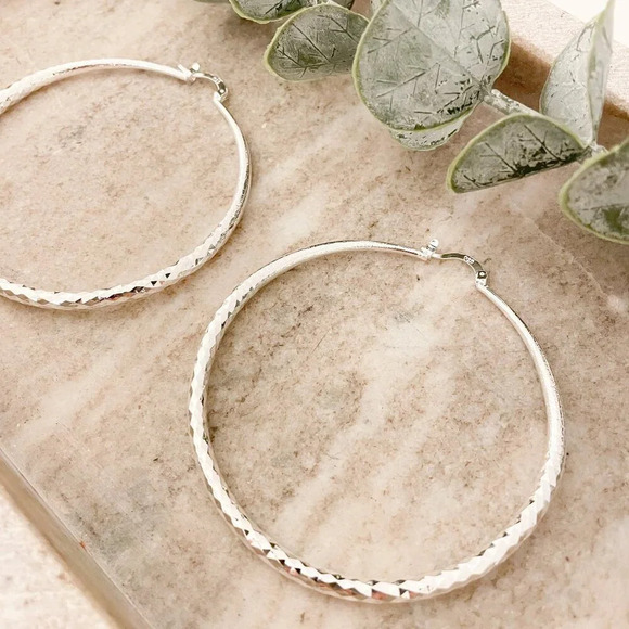 925 Sterling Silver Hoop Earrings Textured Large Hoop Earrings Diamond Cut Hoops - Picture 3 of 5